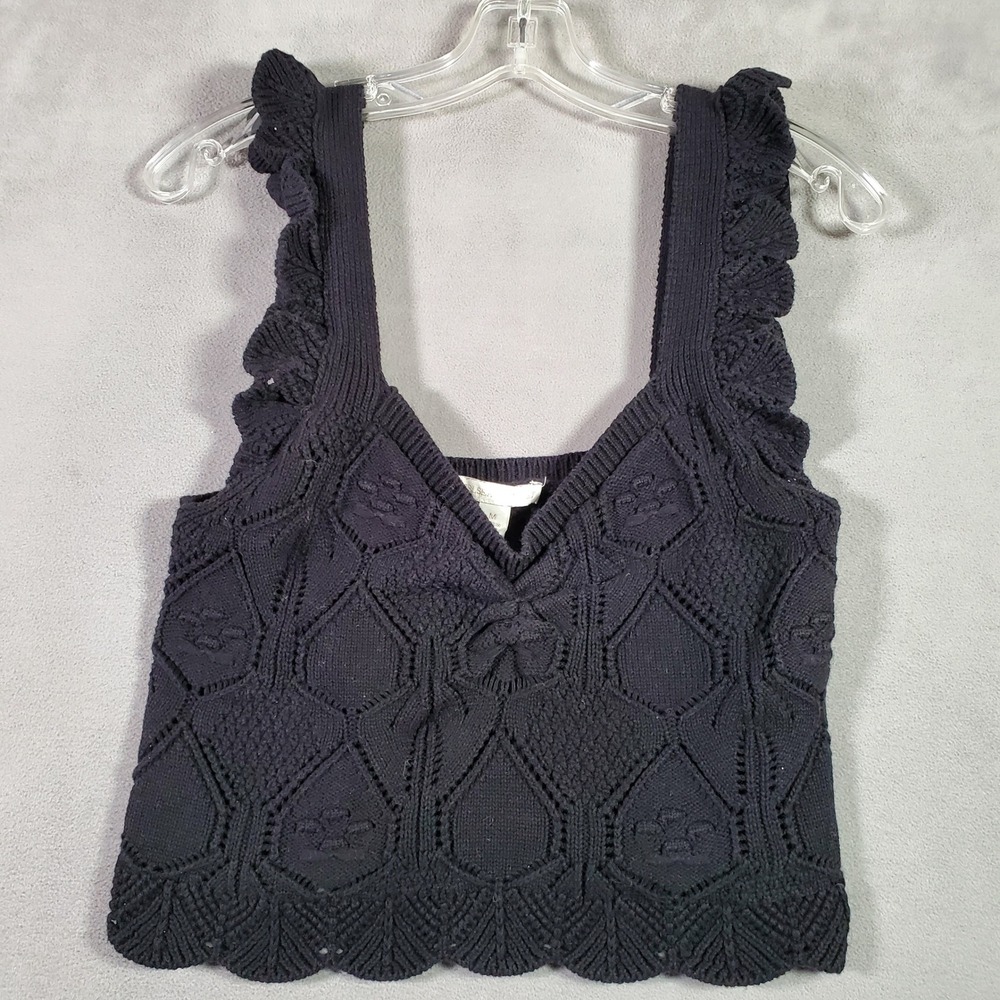 Chelsea & Violet Tank Women M Black Crop Knit Ruffle Pointelle Cottage Goth Y2K